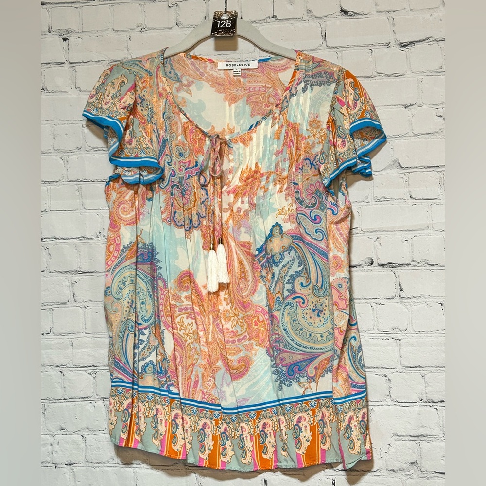 #126 Rose+Olive  paisley print flutter sleeve V-Neck tassels peasant top Size L